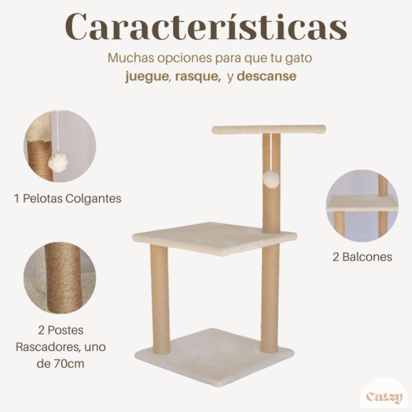 CATZY D | Poste Alto Rascador para Gato 70 cm + 2 Repisas + Juguete Pelota de Felpa - Image 3