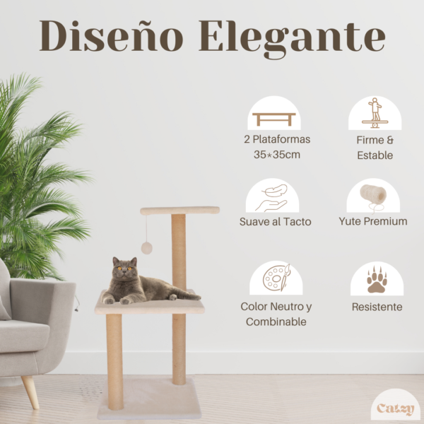 CATZY D | Poste Alto Rascador para Gato 70 cm + 2 Repisas + Juguete Pelota de Felpa - Image 6