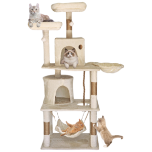 CATZY C | Árbol Rascador Torre Condominio para Gato, 2 Casas + Cama Colgante + Hamaca + Cuerda + 2 Repisas + 2 Camas Acolchonadas + 4 Postes Rascadores + 2 Juguetes Pelotas de Felpa