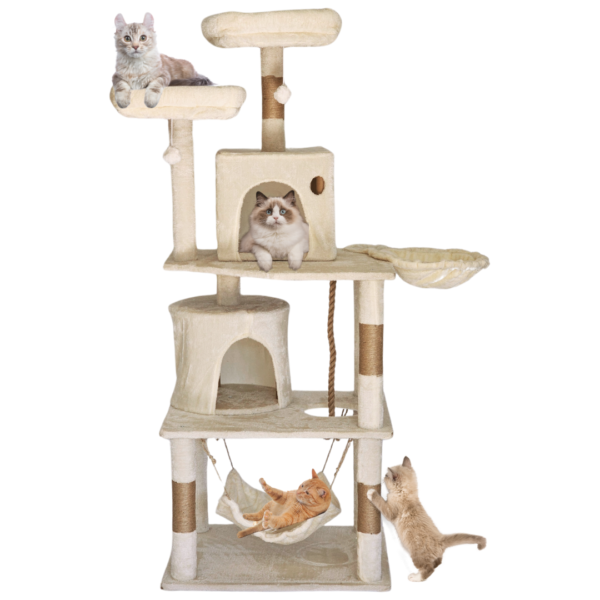 CATZY C | Árbol Rascador Torre Condominio para Gato, 2 Casas + Cama Colgante + Hamaca + Cuerda + 2 Repisas + 2 Camas Acolchonadas + 4 Postes Rascadores + 2 Juguetes Pelotas de Felpa