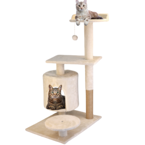 CATZY E | Árbol Rascador Pequeño para Gato, Casa + Poste Rascador + Cama + 2 Balcones + Juguete Pelota de Felpa