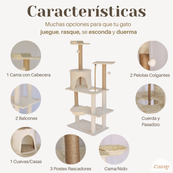 CATZY B | Árbol Rascador Completo para Gato, Casa + Cama Colgante + Cuerda + 3 Postes Rascadores + Cama + Balcón + Juguete 2 pelotas de Felpa - Image 4