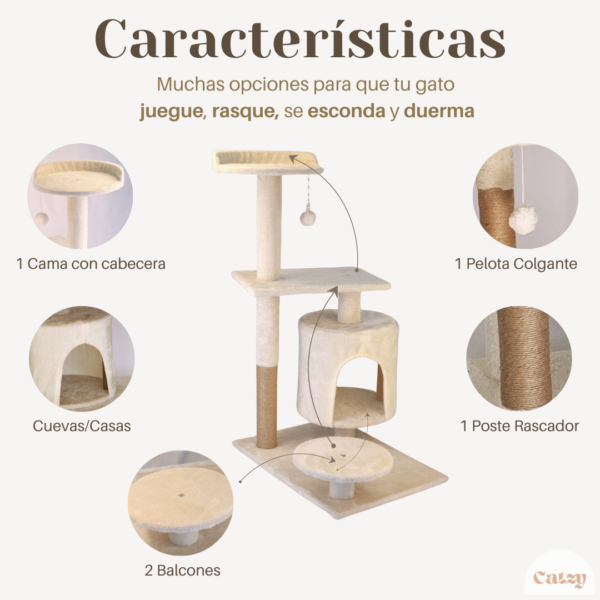 CATZY E | Árbol Rascador Pequeño para Gato, Casa + Poste Rascador + Cama + 2 Balcones + Juguete Pelota de Felpa - Image 3