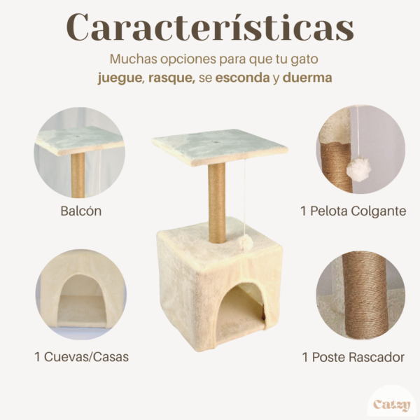 CATZY F | Casa para Gato + Poste Rascador + Cama Balcón + Juguete Pelota de Felpa - Image 4