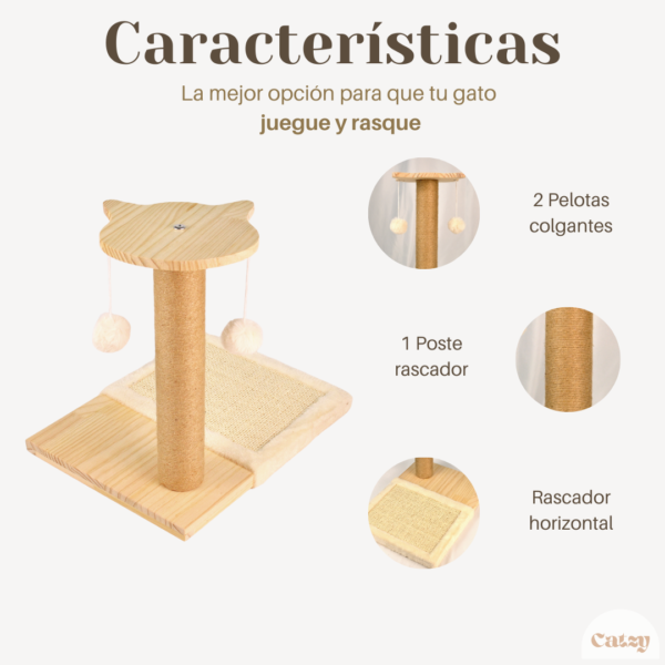 CATZY G | Rascador Horizontal para Gato + Poste Rascador 40 cm + 2 Juguetes Pelotas de Felpa - Image 4