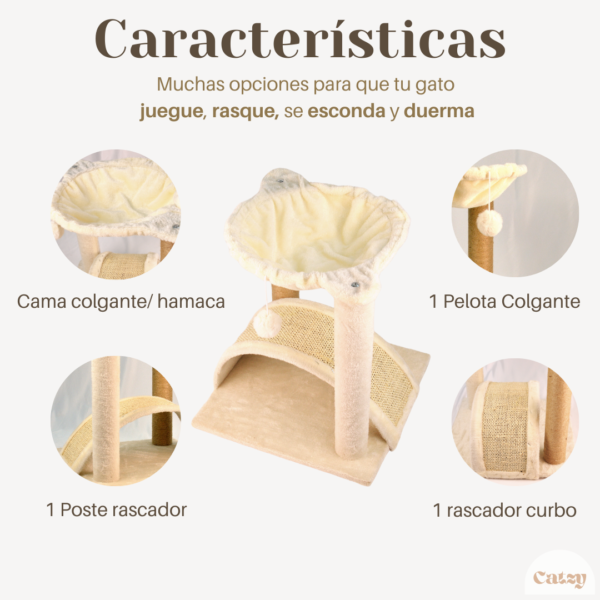 CATZY H | Cama Colgante para Gato + Rascador Curvo + Poste Rascador + Juguete Pelota de Felpa - Image 2