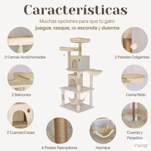 CATZY C | Árbol Rascador Torre Condominio para Gato, 2 Casas + Cama Colgante + Hamaca + Cuerda + 2 Repisas + 2 Camas Acolchonadas + 4 Postes Rascadores + 2 Juguetes Pelotas de Felpa - Image 3