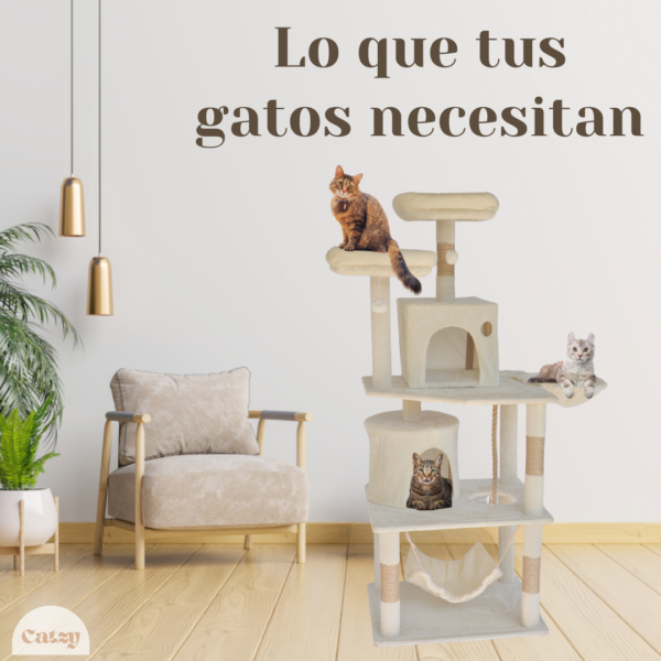 CATZY C | Árbol Rascador Torre Condominio para Gato, 2 Casas + Cama Colgante + Hamaca + Cuerda + 2 Repisas + 2 Camas Acolchonadas + 4 Postes Rascadores + 2 Juguetes Pelotas de Felpa - Image 2