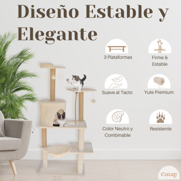 CATZY B | Árbol Rascador Completo para Gato, Casa + Cama Colgante + Cuerda + 3 Postes Rascadores + Cama + Balcón + Juguete 2 pelotas de Felpa - Image 5