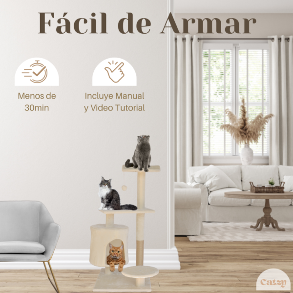 CATZY E | Árbol Rascador Pequeño para Gato, Casa + Poste Rascador + Cama + 2 Balcones + Juguete Pelota de Felpa - Image 7