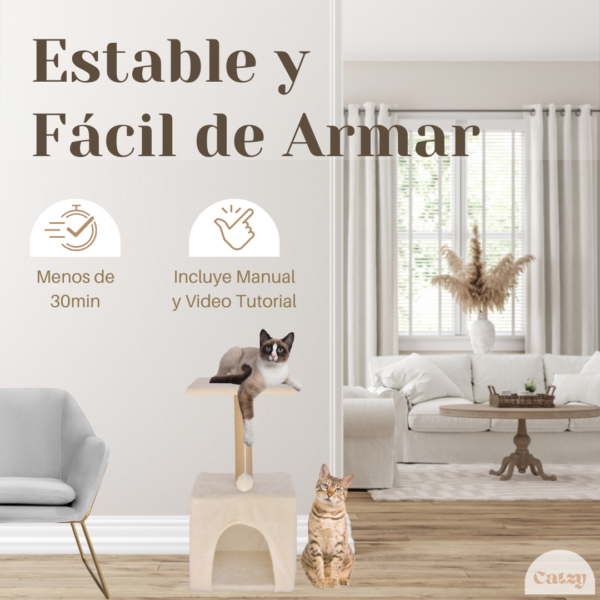 CATZY F | Casa para Gato + Poste Rascador + Cama Balcón + Juguete Pelota de Felpa - Image 7