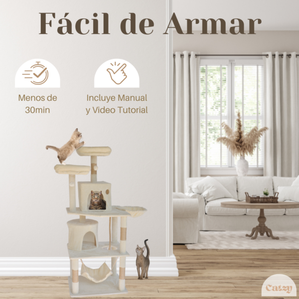 CATZY C | Árbol Rascador Torre Condominio para Gato, 2 Casas + Cama Colgante + Hamaca + Cuerda + 2 Repisas + 2 Camas Acolchonadas + 4 Postes Rascadores + 2 Juguetes Pelotas de Felpa - Image 6