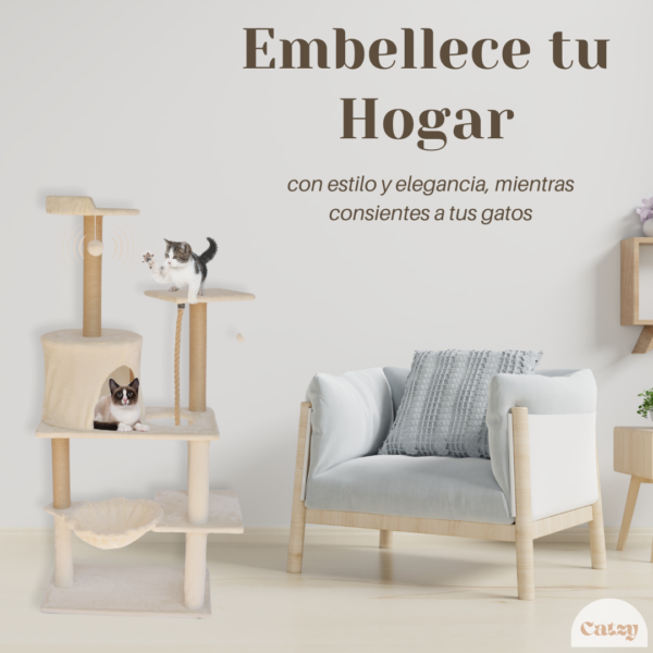 CATZY B | Árbol Rascador Completo para Gato, Casa + Cama Colgante + Cuerda + 3 Postes Rascadores + Cama + Balcón + Juguete 2 pelotas de Felpa - Image 7