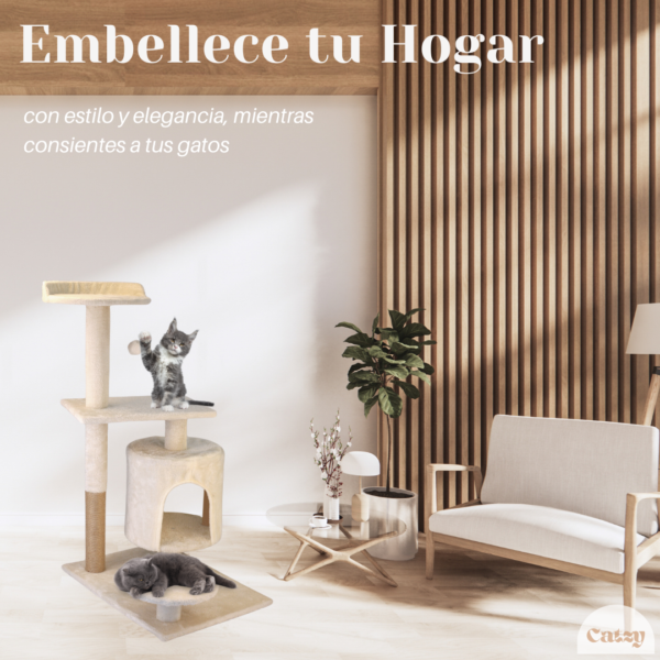 CATZY E | Árbol Rascador Pequeño para Gato, Casa + Poste Rascador + Cama + 2 Balcones + Juguete Pelota de Felpa - Image 8