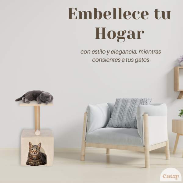 CATZY F | Casa para Gato + Poste Rascador + Cama Balcón + Juguete Pelota de Felpa - Image 8